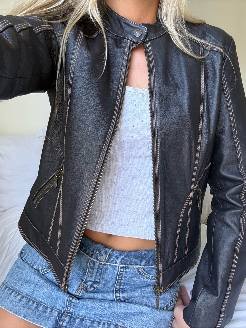 Vintage 100% Leather Moto Jacket with Contrast Stitching
